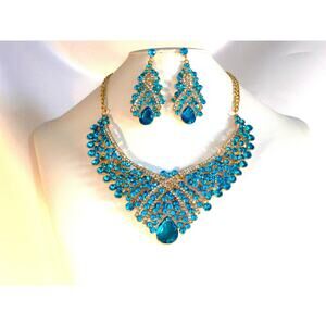 Teal aqua blue rhinestone necklace, wedding MOB part evening drag queen necklace
